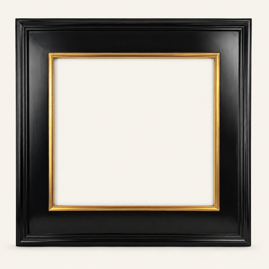 Casina 10 custom black picture frame in the 23K gold variant, frontal view, square format — wide frieze with a narrow gilt lip at the inner edge