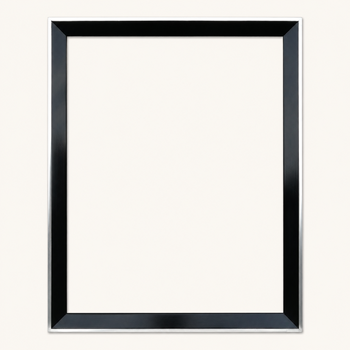 Black painting frame made to measure — front view, single sloped face in satin black and a band of 6-karat white gold leaf along the outer edge of the moulding