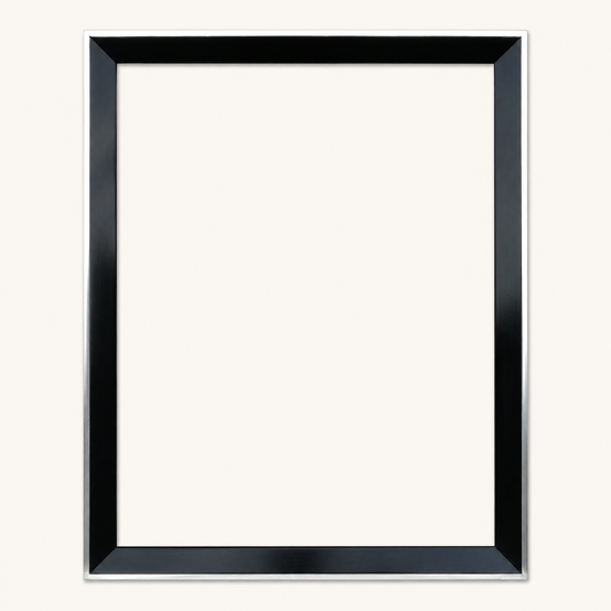 Black painting frame made to measure — front view, single sloped face in satin black and a band of 6-karat white gold leaf along the outer edge of the moulding