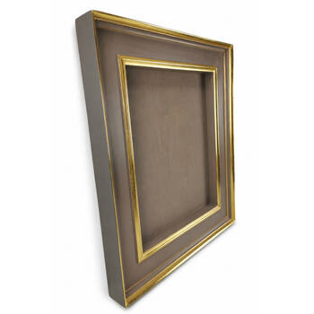 Front view of the floating frame — flat band painted in latte tone, framed on both sides by gilt edges in 23-karat hand-applied gold leaf