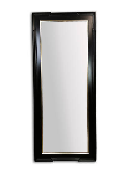 Made-to-measure mirror in a black frame, 70×170 cm — vertical wall mirror with Flemish corners and an inner band of 6-karat white gold leaf on plum bole..