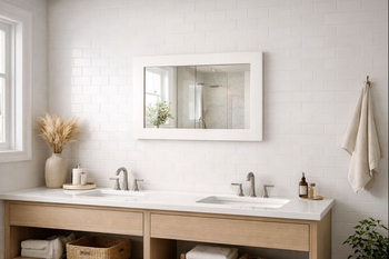 White framed mirror in bathroom — horizontal orientation, semi-matte white finish