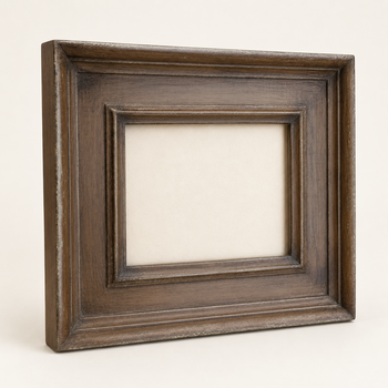 Brown made-to-measure picture frame — three-quarter perspective view showing the moulding depth with ovolo, cyma and frieze, hand-patinated finish