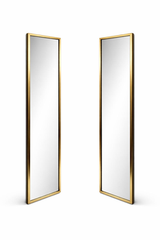 Two Linea Slim mirrors in a narrow 18 mm gold frames, front gilded with gold leaf, glossy black sides