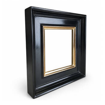 Black picture frame at an angle — the moulding profile and gilded sight edge visible 22K, red bole