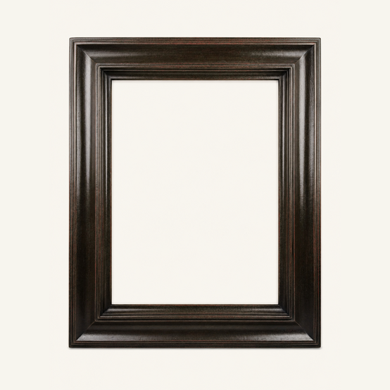 Dark wood picture frame seen from the front – wide moulding with a deep half-round cove and rounded edges, in near-black brown.