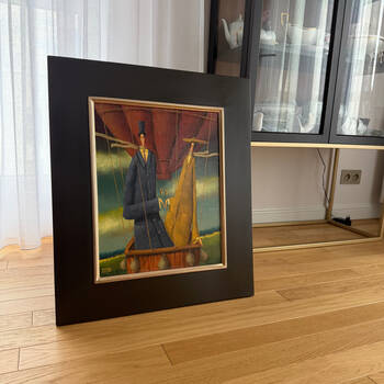 Client installation: artwork framed in a wide black picture frame with decorative gold inner detailing. The artwork is not sold with the frame.