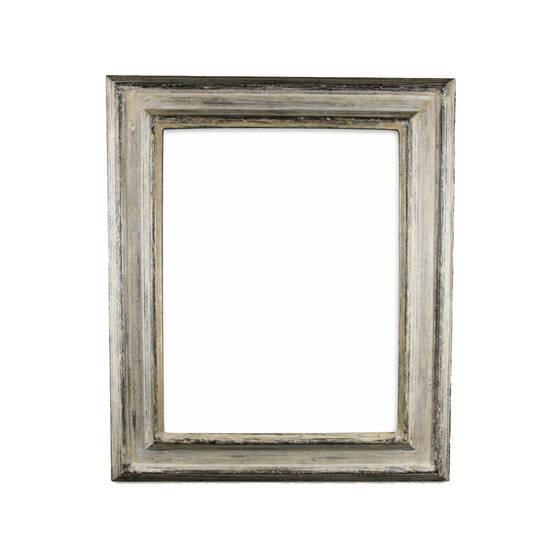 Silver frame — traditional wood spline joinery, patina gradient from bright silver to graphite