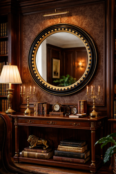Round glamour mirror in a black and gold frame displayed on a dark wall in a living room setting