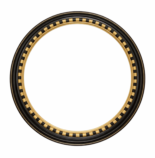 Round glamour mirror in a black and gold solid wood frame, gilded with 23 karat gold leaf, front view