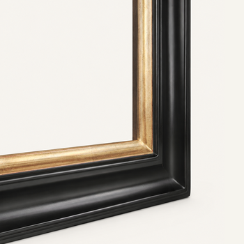 Corner of a black and gold picture frame, gilded 22-karat sight edge over red bole and rounded profile, joinery detail