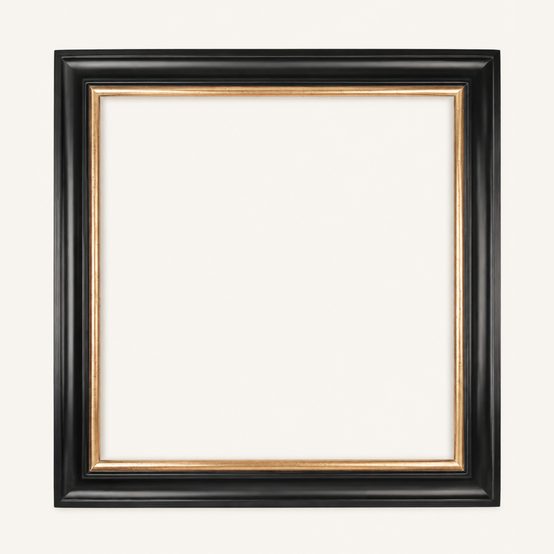 Black and gold gilded picture frame made to measure, deep black with a narrow 22-karat gold sight edge, front view