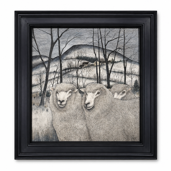 Black picture frame in an interior setting — framing a drawing of three sheep in a winter landscape (photograph submitted by the collector who purchased the frame)