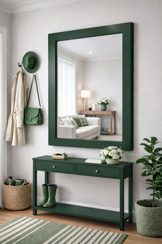 Lustro w zielonej szerokiej ramie w przedpokoju