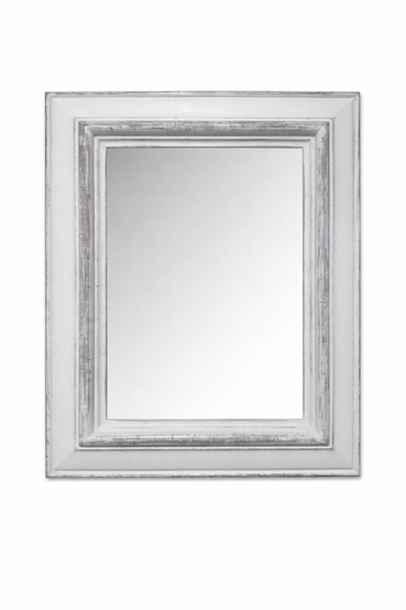 White distressed vintage solid wood mirror frame – front view with glass, flat outer panel and carved inner moulding with heavy grey distressing