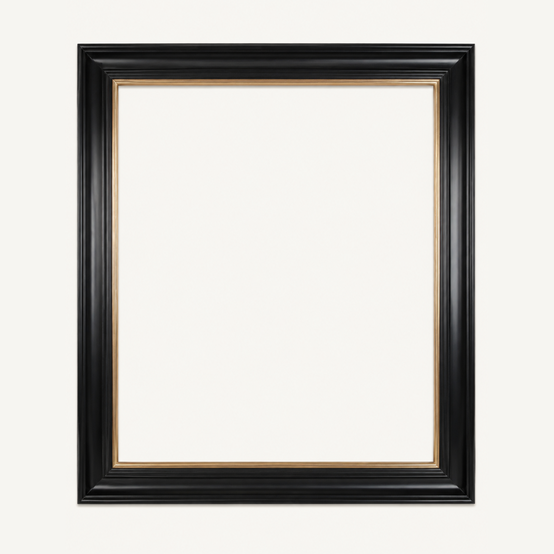 Black and gold gilded picture frame, viewed from the front: an ornate, wide mounting with a deep black moulding and a gilded inner frame.