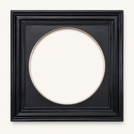 Round picture frame for canvas paintings – black, satin, with a gilded tondo ring