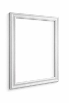Modern white high-gloss wooden frame on wall – minimalist design for artworks and interior decor.
