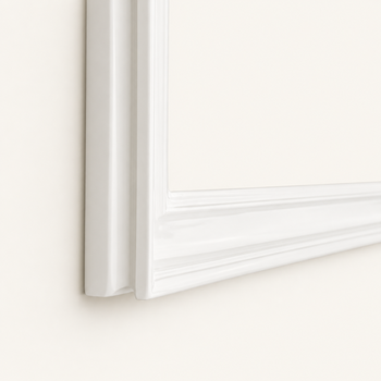 Custom white picture frame at corner view — classical profile with broad half-round hollow on the face, fine lip and narrow bead along the inner edge, deep-gloss surface