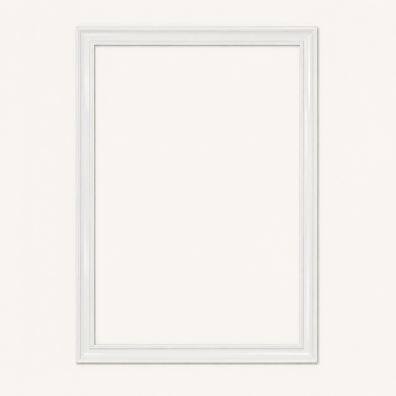 Custom white picture frame front view — ultra-white deep-gloss surface, classical 52 mm wide profile