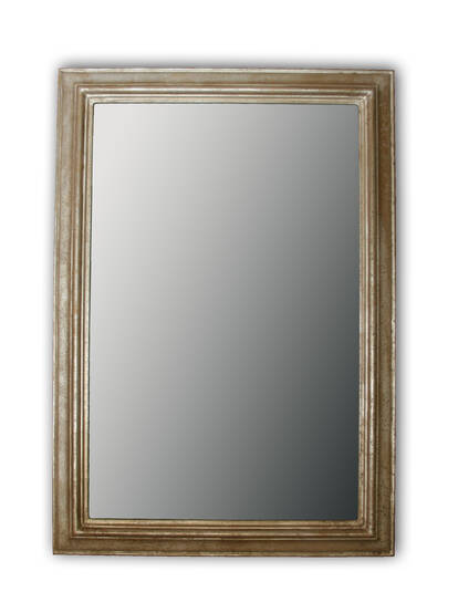 Modern mirror in a silver frame made of solid wood gilded with 6 karat white gold leaf, 67 mm moulding